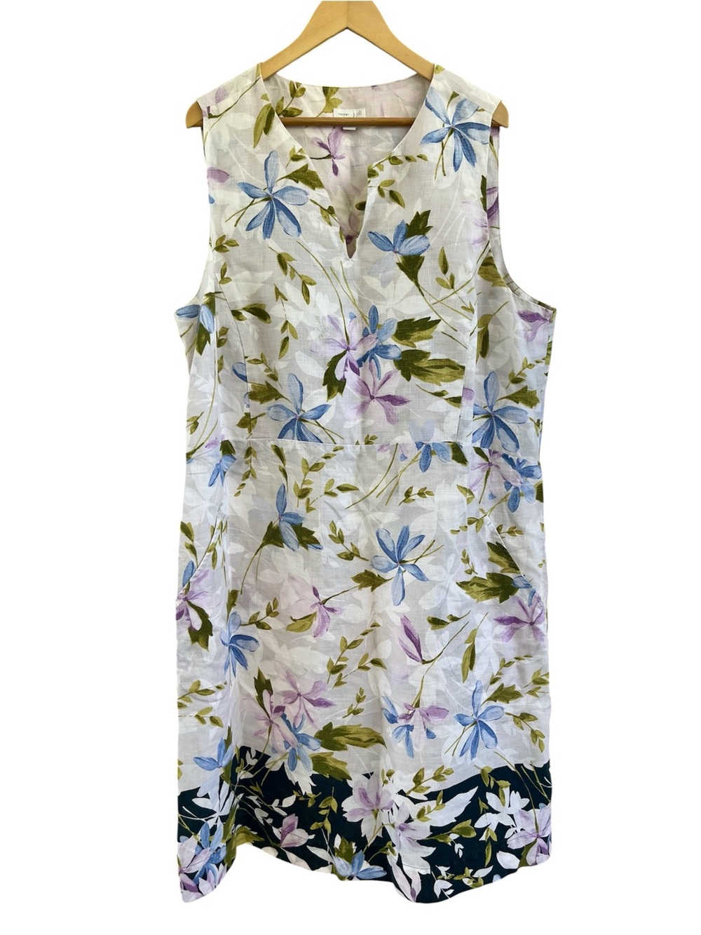 J Jill Love Linen Dress XL Floral Shift Sleeveless Pockets Cottage Boho Coastal